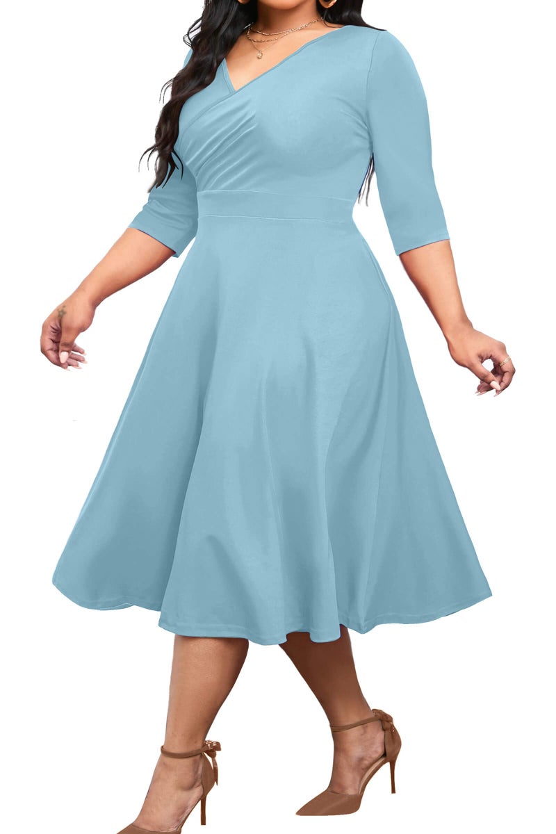 CLOCOR Women's Plus Size Midi Dress 3/4 Sleeve A-Line Swing Dress V Neck Flowy Casual Dresses Light Blue 3X-Large - Image 1