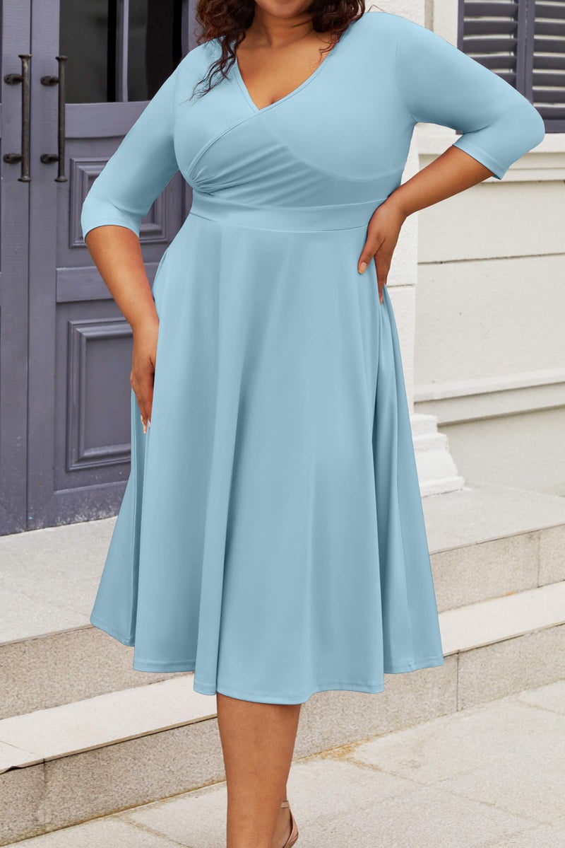 CLOCOR Women's Plus Size Midi Dress 3/4 Sleeve A-Line Swing Dress V Neck Flowy Casual Dresses Light Blue 3X-Large - Image 2
