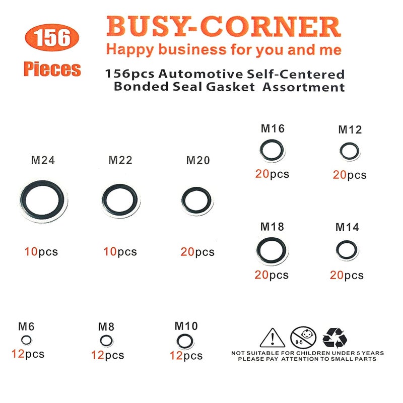 BUSY-CORNER 156 Pieces Bonded Seal Dowty Washer,Automotive Self-Centred Dowty Seal Gasket Assortment,10 Metric Sizes,from M6 to M24 (Metric) - Image 2