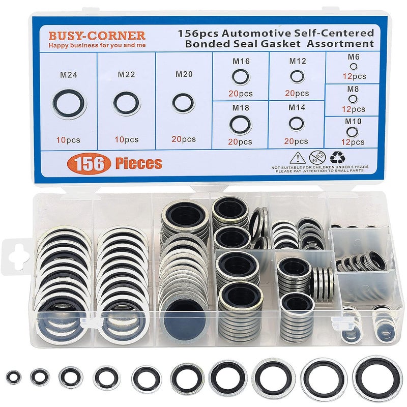 BUSY-CORNER 156 Pieces Bonded Seal Dowty Washer,Automotive Self-Centred Dowty Seal Gasket Assortment,10 Metric Sizes,from M6 to M24 (Metric) - Image 1