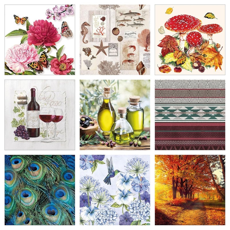 Decoupage Tissue Paper Napkin kitchen geometric flower mushroom mix print Set24-9 Decoupage Tissues -1 napkins of each design - total 9 pc - Image 1