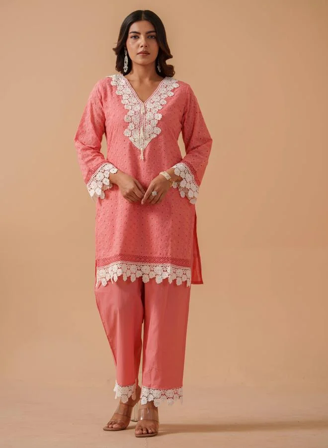 DW DW Embroidered Lace Trim Tunic with Trousers Co-Ords