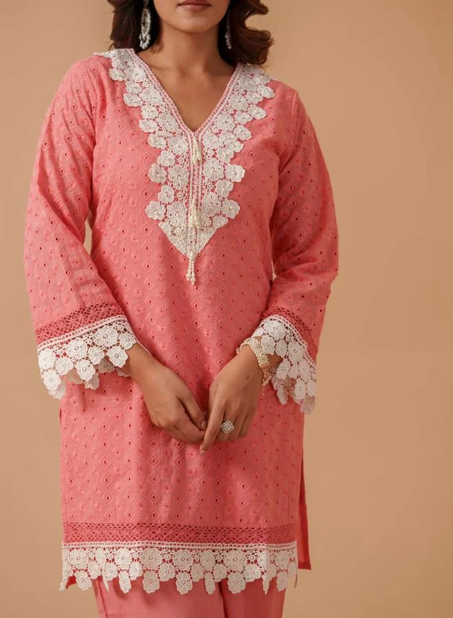 DW DW Embroidered Lace Trim Tunic with Trousers Co-Ords