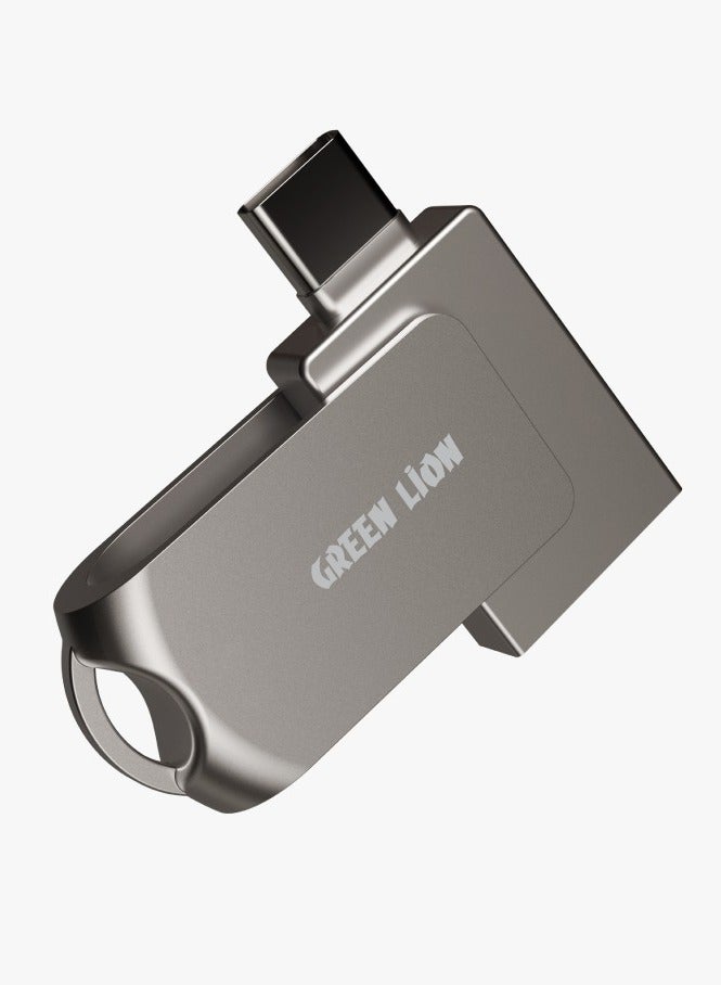 GREEN LION 2-in-1 OTG USB-C Flash Drive 256GB Storage / High-Speed 100MBps Read / 40MBps Write / Dual Connector Type-C & USB-A / 360° Swivel Design / Wide Compatibility for iOS, Android & Windows / Plug & Play - Silver - Image 1
