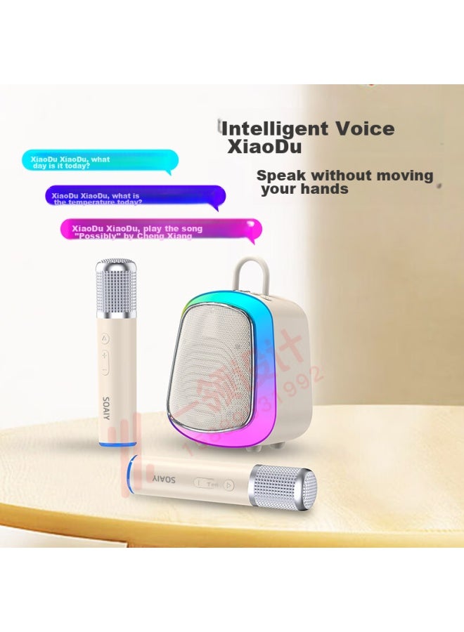 SOAIY K32m Bluetooth Karaoke Speaker With Dual Microphones, Built-in Sound Card, Smart Ai Xiaodu Song Selection, Home Ktv Sound System, Karaoke, Oil Painting White - Image 3