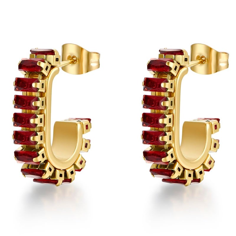 FRUMOS Earrings for Women Girls,14K Gold Plated Hoop with 925 Sterling Silver Post Cubic Zirconia Huggie | CZ Stud Earring (Red CZ C Shape Earrings) - Image 1