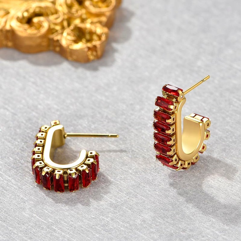 FRUMOS Earrings for Women Girls,14K Gold Plated Hoop with 925 Sterling Silver Post Cubic Zirconia Huggie | CZ Stud Earring (Red CZ C Shape Earrings) - Image 3