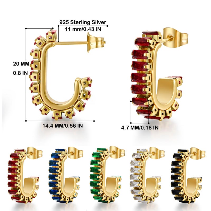 FRUMOS Earrings for Women Girls,14K Gold Plated Hoop with 925 Sterling Silver Post Cubic Zirconia Huggie | CZ Stud Earring (Red CZ C Shape Earrings) - Image 2