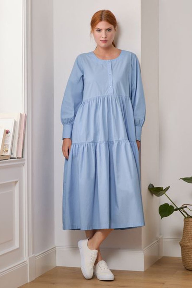 Tchibo Women Plain Round Neck Long Sleeve Midi Dress, Sky Blue - Image 1