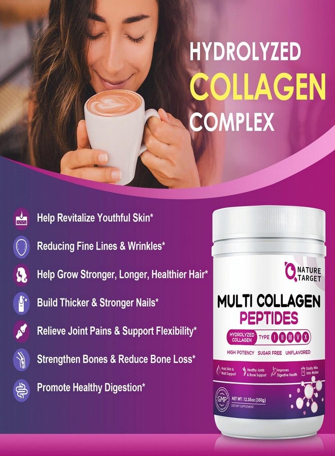NATURE TARGET Multi Collagen Peptides Powder - Type I, II, III, V, X - Hydrolyzed Collagen Peptides with Vitamin C Hyaluronic Acid, Supports Skin Hair Nail & Joint, Grass-Fed, Non-GMO, 35 Servings - Image 3