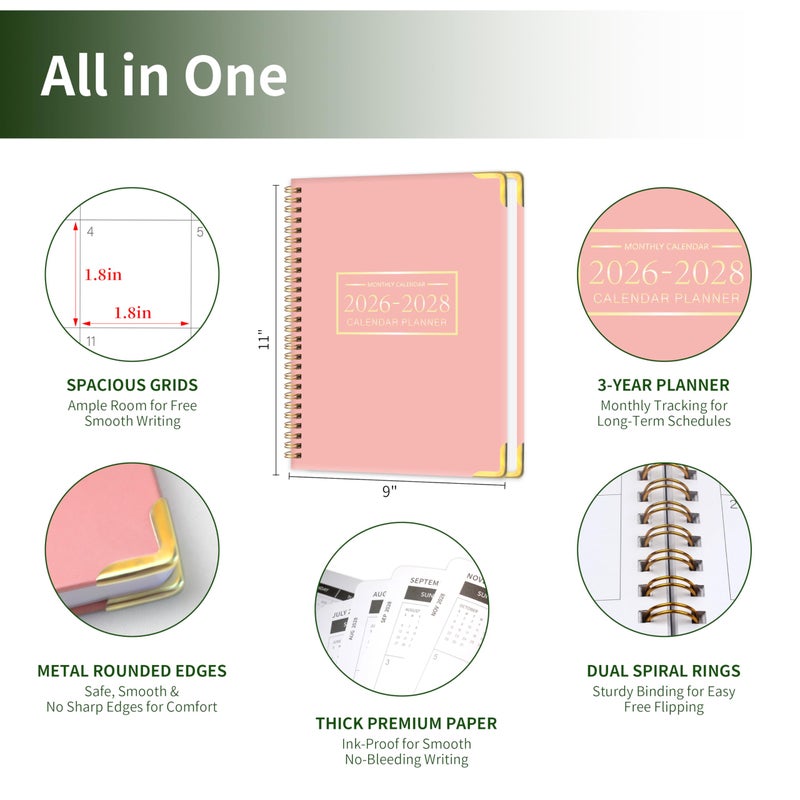 KAICN Monthly Planner 2026-2028, Hardcover with Metal Corner 3 year calendar 2026-2027-2028 Calendar Book from Jan 2026 - Dec 2028, 9â€œ x 11â€, Spiral Bound,Organizer for Office, School, and Home, Pink - Image 2