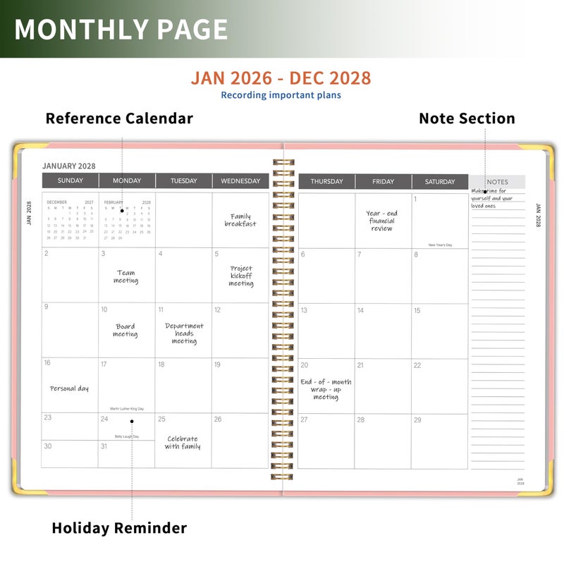 KAICN Monthly Planner 2026-2028, Hardcover with Metal Corner 3 year calendar 2026-2027-2028 Calendar Book from Jan 2026 - Dec 2028, 9â€œ x 11â€, Spiral Bound,Organizer for Office, School, and Home, Pink - Image 3
