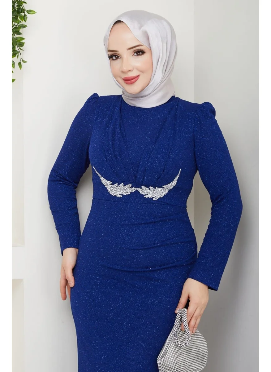 Esilanur Tailed Narcissus Hijab Evening Dress Saxe
