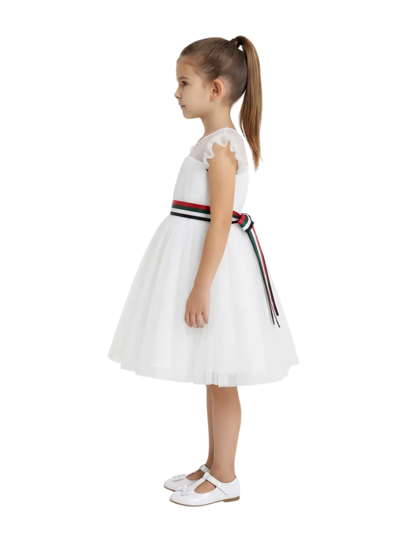 بيداني Girls 2-in-1 White Tulle Party Dress with Sheer Illusion Neckline & Removable UAE Flag Belt