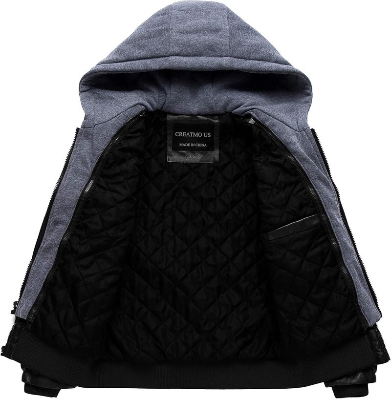 CREATMO US Men's Faux Leather Motorcycle Jacket with Removable Hood - Black - Image 3