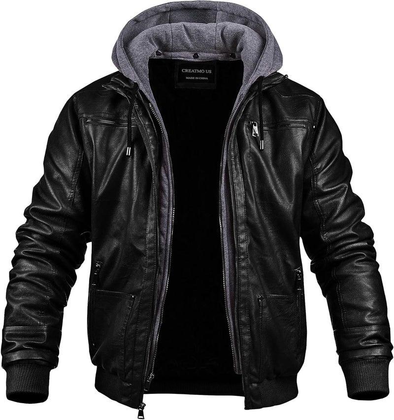 CREATMO US Men's Faux Leather Motorcycle Jacket with Removable Hood - Black - Image 2
