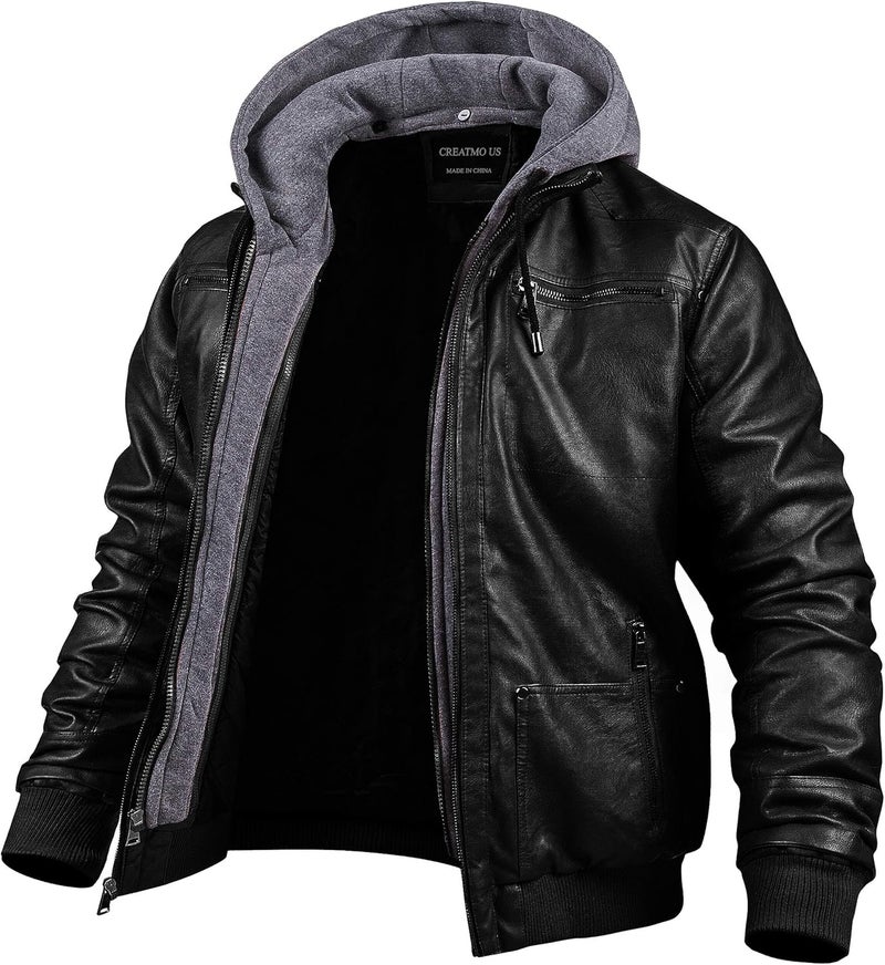 CREATMO US Men's Faux Leather Motorcycle Jacket with Removable Hood - Black - Image 1
