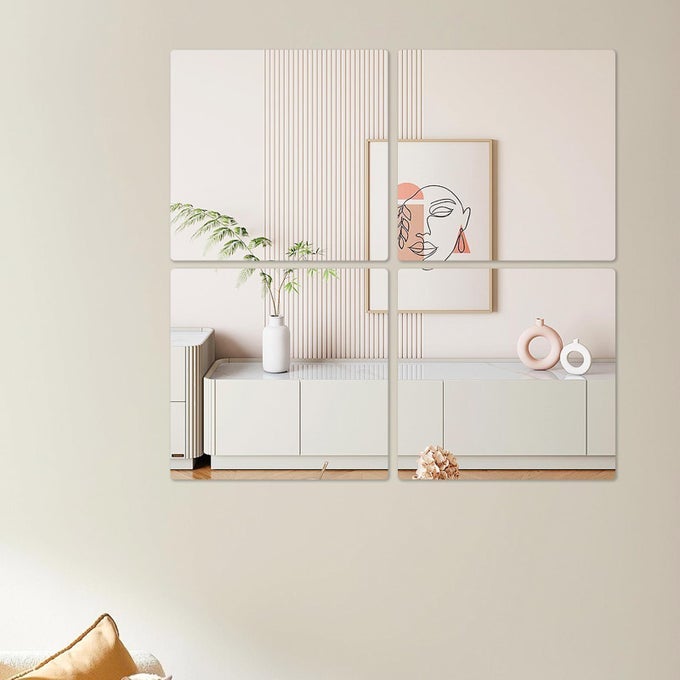 SELF ADHESIVE MIRROR TILES STICKERS PLASTIC ACRYLIC STICK ON WALL MIRROR FOR WALLS WARDROBE DOORS BATHROOM CHILDREN LIGHTWEIGHT NONGLASS SQUARE SHATTERPROOF 20X20CM 4PCS 2MM THICK