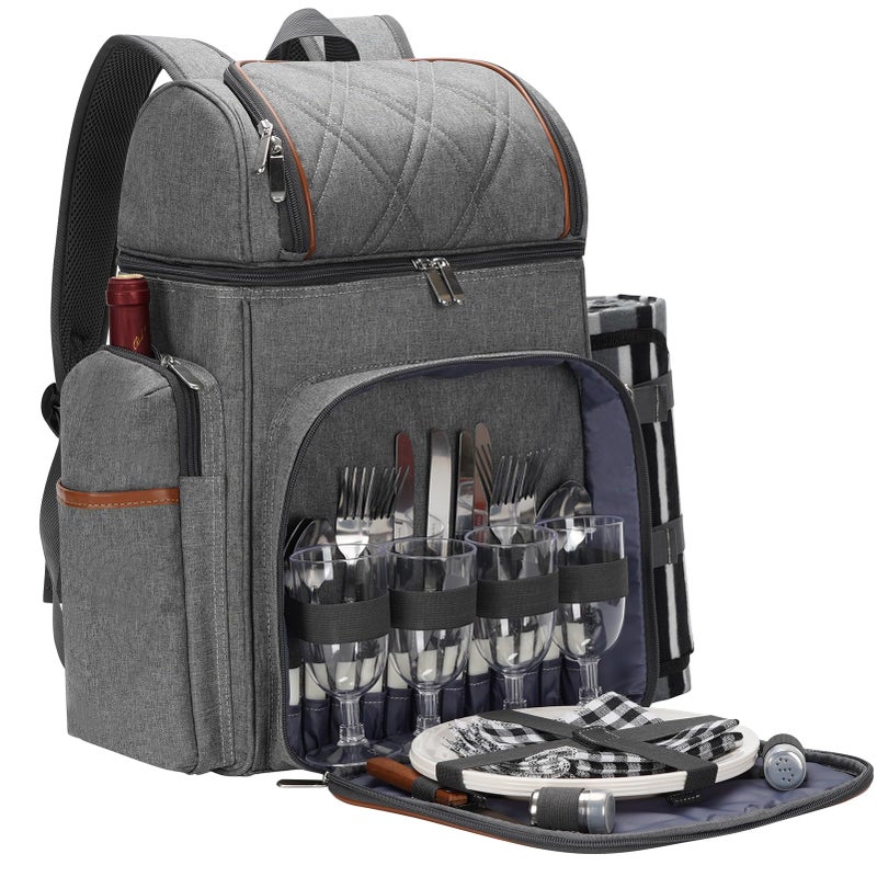TwentyNext Picnic Backpack for 4 Picnic Basket Set Leakproof Picnic Bag Beach Cooler Backpack with Insulated Cooler Wine PouchPicnic Blanket Double Deck Picnic Backpack for BeachCampingParkGrey 