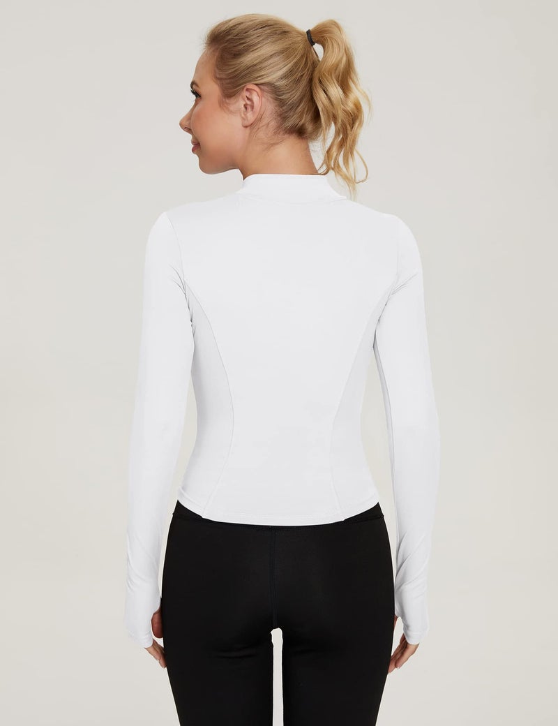 LUYAA White Zip Up Jackets for Women Athletic Workout Track Jacket Gym Clothes with Thumb Holes White L - Image 5