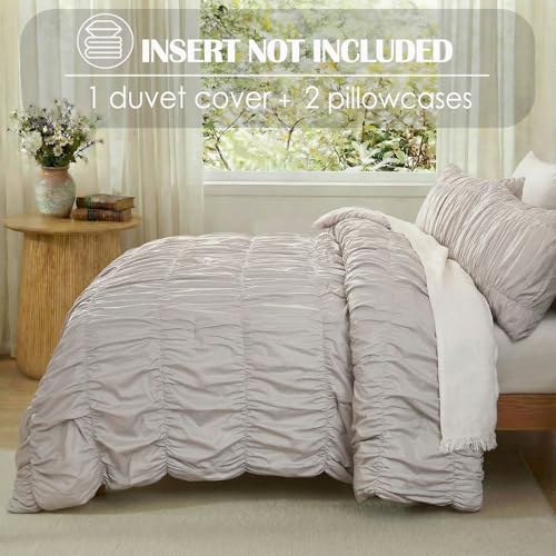 Bedbay Beige Ruched Duvet Cover Queen Size,100% Cotton Boho Bedding Set,Soft Breathable Wrinkled Comforter Cover 3 Pcs,Vintage Ruffled Farmhouse Rustic Beding Set for All Seasons - Image 5