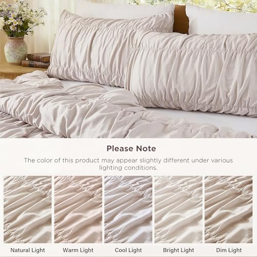 Bedbay Beige Ruched Duvet Cover Queen Size,100% Cotton Boho Bedding Set,Soft Breathable Wrinkled Comforter Cover 3 Pcs,Vintage Ruffled Farmhouse Rustic Beding Set for All Seasons - Image 3