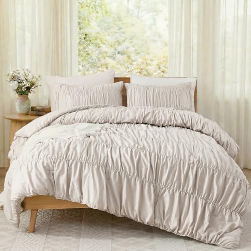 Bedbay Beige Ruched Duvet Cover Queen Size,100% Cotton Boho Bedding Set,Soft Breathable Wrinkled Comforter Cover 3 Pcs,Vintage Ruffled Farmhouse Rustic Beding Set for All Seasons - Image 2