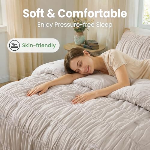 Bedbay Beige Ruched Duvet Cover Queen Size,100% Cotton Boho Bedding Set,Soft Breathable Wrinkled Comforter Cover 3 Pcs,Vintage Ruffled Farmhouse Rustic Beding Set for All Seasons - Image 4