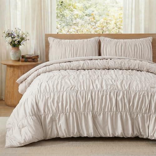 Bedbay Beige Ruched Duvet Cover Queen Size,100% Cotton Boho Bedding Set,Soft Breathable Wrinkled Comforter Cover 3 Pcs,Vintage Ruffled Farmhouse Rustic Beding Set for All Seasons - Image 1