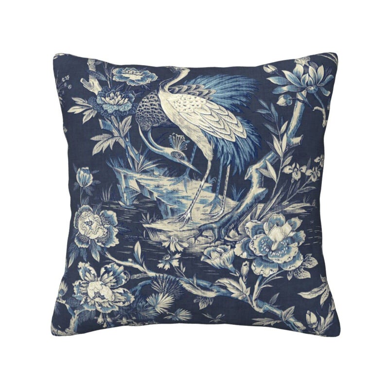 Chinoiserie Pillow Cover Cushion Cover Navy Blue Crane Florals Throw Pillow Covers 18x18 Inch Asian Linen Pillow Covers for Sofa Car Living Room Bedroom Outdoor Home Decor Pillow Cases
