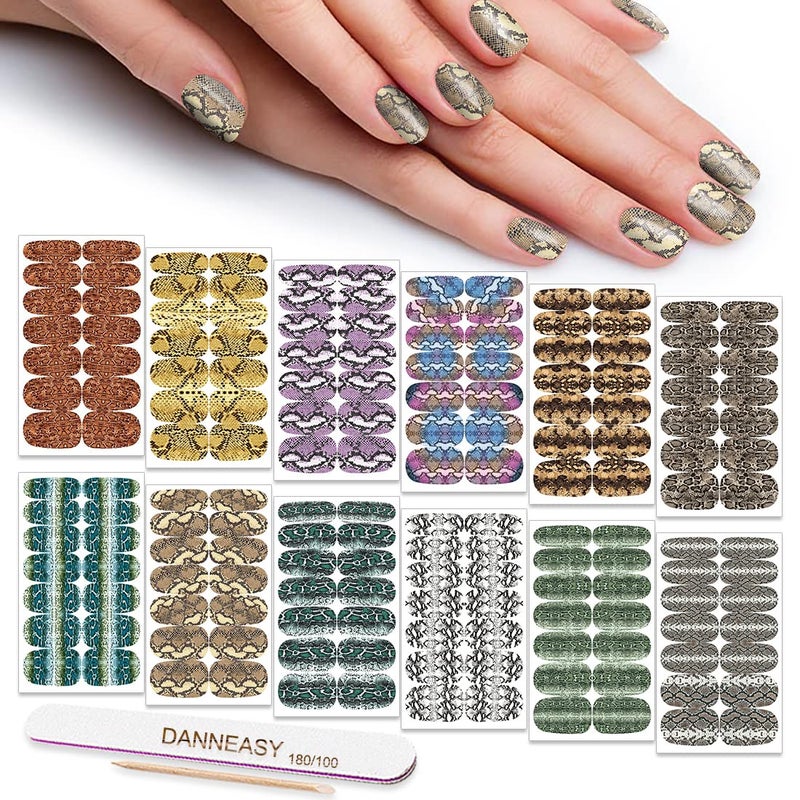 Nail Polish Strips DANNEASY 12 Sheets Nail Wraps Real Nail Polish Adhesive Nail Polish Stickers for Women with Nail File Cuticle Stick Snake Print