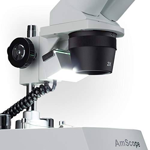 AmScope SE306R-PZ Forward Binocular Stereo Microscope, WF10x and WF20x Eyepieces, 10X-80X Magnification, 2X and 4X Objectives, Upper and Lower Halogen Light Source, Pillar Stand, 120V , White - Image 4