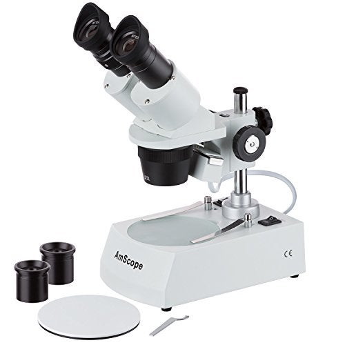 AmScope SE306R-PZ Forward Binocular Stereo Microscope, WF10x and WF20x Eyepieces, 10X-80X Magnification, 2X and 4X Objectives, Upper and Lower Halogen Light Source, Pillar Stand, 120V , White - Image 1