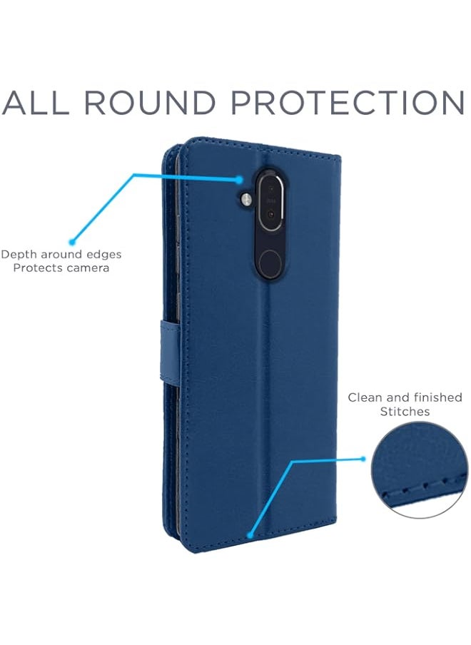 Generic - Nokia 8.1 Flip Case Leather Finish | Inside TPU with Card Pockets | Wallet Stand and Shock Proof | Magnetic Closing | Complete Protection Flip Cover for Nokia 8.1 (Blue) - Image 1
