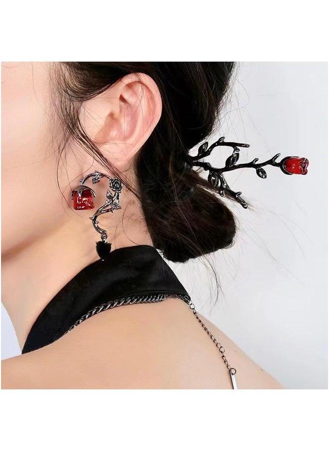 NIBEMINENT 1-branch Hair Clips Metal Women High-end Sensation New Chinese Style Accessories Personalized Design Red Rose F521 