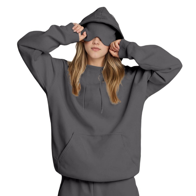 2025 Fashion Large Pocket Solid Color Eye Mask Sweatshirt Casual Sports Two-Piece Set - Image 1