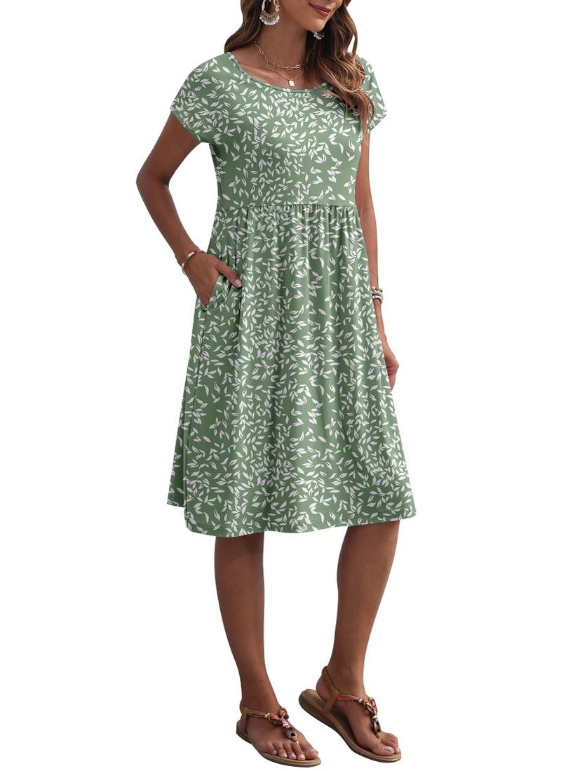 AUSELILY Women's Summer Short Sleeve Knee-Length Dresses Round Neck Loose Dress with Pockets 2026 New, Olive Green Leaf L - Image 2