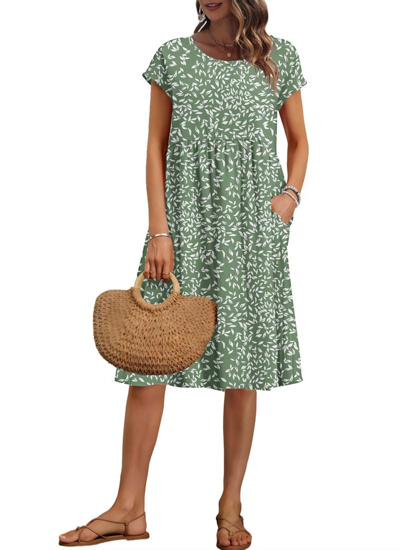 AUSELILY Women's Summer Short Sleeve Knee-Length Dresses Round Neck Loose Dress with Pockets 2026 New, Olive Green Leaf L - Image 1