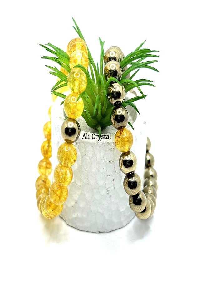 ALI CRYSTAL سوار من الكريستال الطبيعي الأصفر والبيريت الذهبي من علي كريستال، يجمع بين أحجار السترين والذهبي لجلب الوفرة والازدهار، ولجلب الثروة والحظ في العمل، ولعلاج الريكي. - Image 2