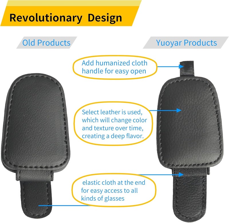 Yuoyar 2 Packs Sunglasses Holders for Car Visor - Magnetic Leather Sunglasses Holder and Ticket Card Clip - Car Visor Accessories (Black) - Image 2
