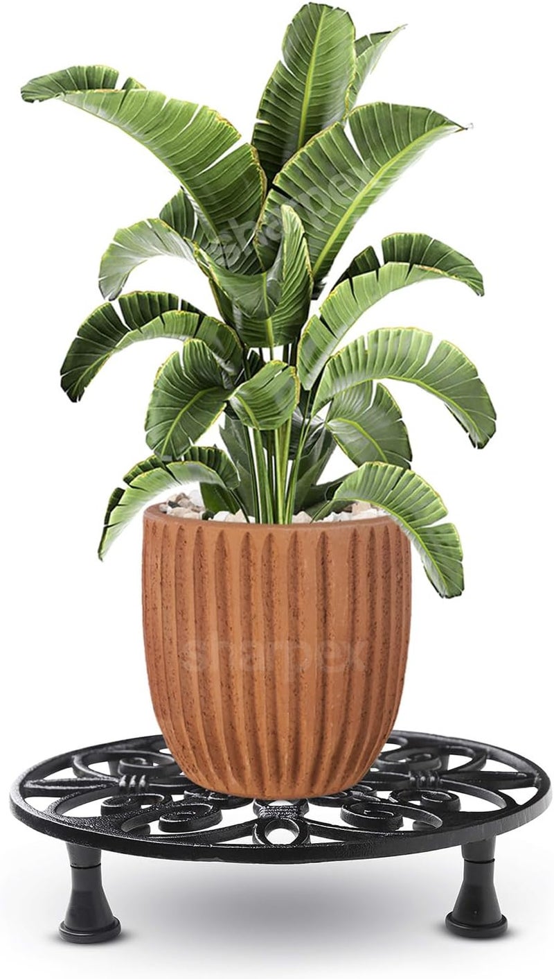 Sharpex Caddy Iron Round Rack Rustproof Sturdy Metal Potted Indoor Outdoor Plant Stand for Garden, Lawn and Home, Black -TRL-BL-019 - Image 1