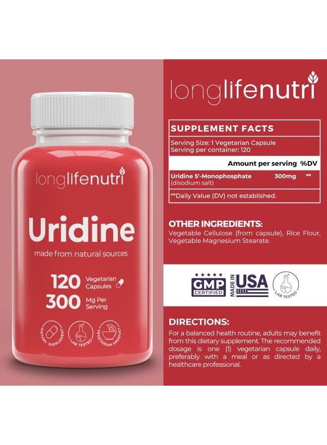 LongLifeNutri Uridine Monophosphate 300mg – Choline Precursor & Synaptic Function, Nootropic for Focus & Mental Performance, 120 Vegetarian Capsules, 4-Month Supply, GMP Certified, Made in USA  - Image 2