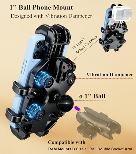 BRCOVAN 1'' Ball Phone Mount Holder with Vibration Dampener, Compatible with RAM Mounts B Size Double Socket Arm, Adjustable Heavy Duty for Bike Motorcycle Scooter ATV UTV, Fit 5.4-6.9'' Cellphone - Image 2