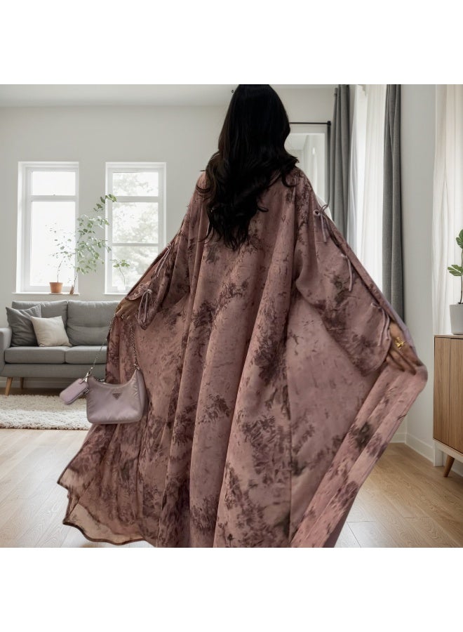Women Dusty Pink Botanical Printed Open Abaya Set Bow Sleeve Chiffon Outerwear With Hijab - Image 5