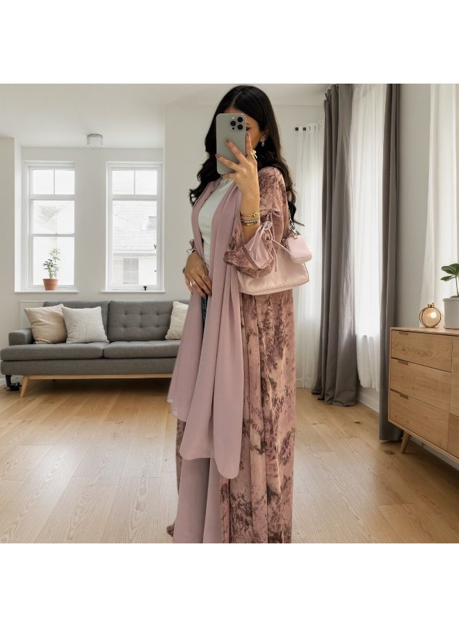 Women Dusty Pink Botanical Printed Open Abaya Set Bow Sleeve Chiffon Outerwear With Hijab - Image 2