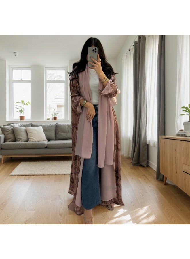 Women Dusty Pink Botanical Printed Open Abaya Set Bow Sleeve Chiffon Outerwear With Hijab - Image 1