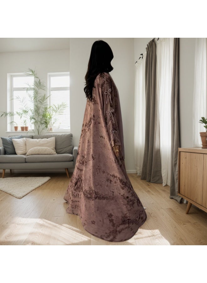 Women Dusty Pink Botanical Printed Open Abaya Set Bow Sleeve Chiffon Outerwear With Hijab - Image 3