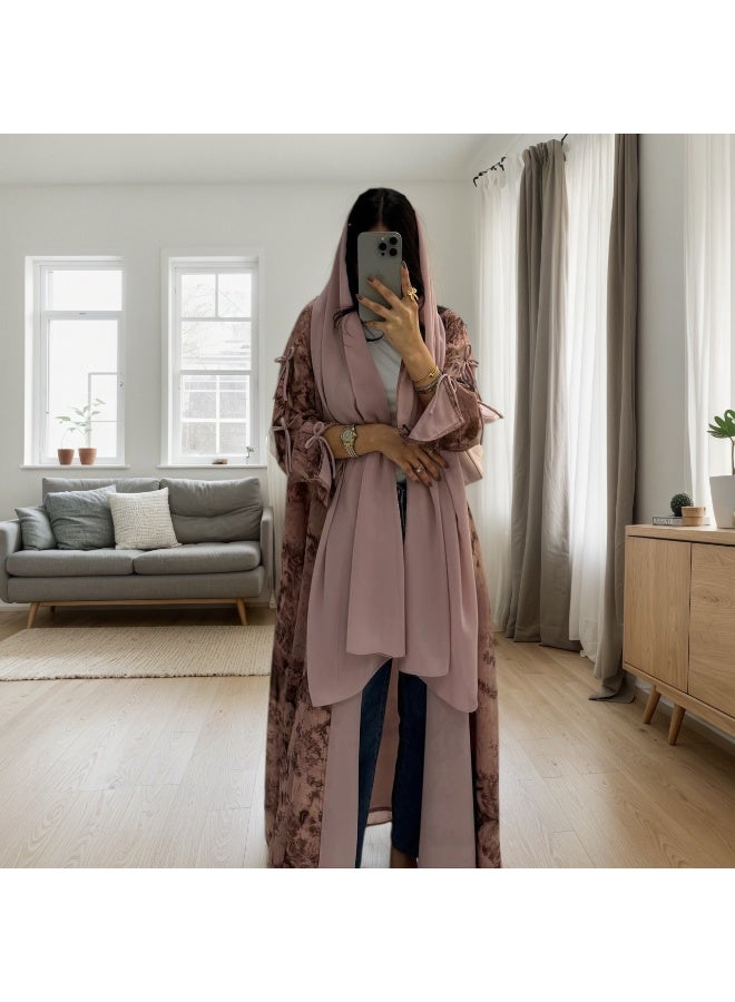 Women Dusty Pink Botanical Printed Open Abaya Set Bow Sleeve Chiffon Outerwear With Hijab - Image 4