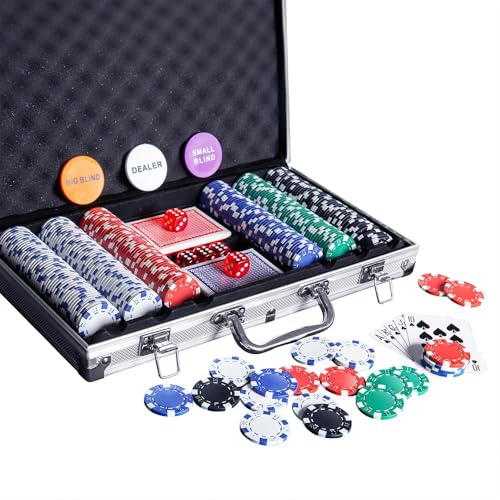 STORE 2508 Store2508 Casino Poker Chip Set 300 Chips & Aluminium Case, 2 Decks of Playing Cards, 5 Dice, Dealer, Small Blind, Big Blind Buttons - Image 1