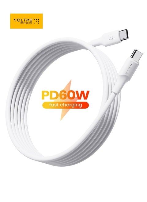 3M USB-C to USB-C Charger Cable - 60W (3A) Fast Charging for iPhone 16/16 Pro/16 Pro Max/16 Plus, 15 Series, iPad Mini 6/Pro 2022, MacBook Pro 2020, Samsung Galaxy S24/S23/S22 & All Type-C Devices- White